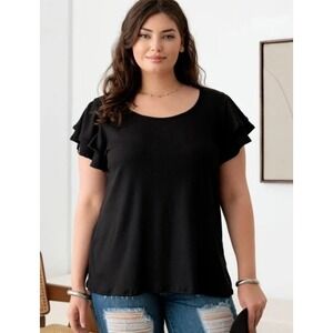 Ruffle Sleeve Top - Ribbed Knit Short Sleeve Blouse - Black - Size Not Visible